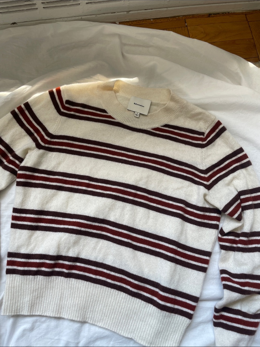 Reformation Striped Cashmere Sweater in Cream and Burgundy